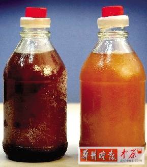 兩種油的顏色差別很大。（左為真）